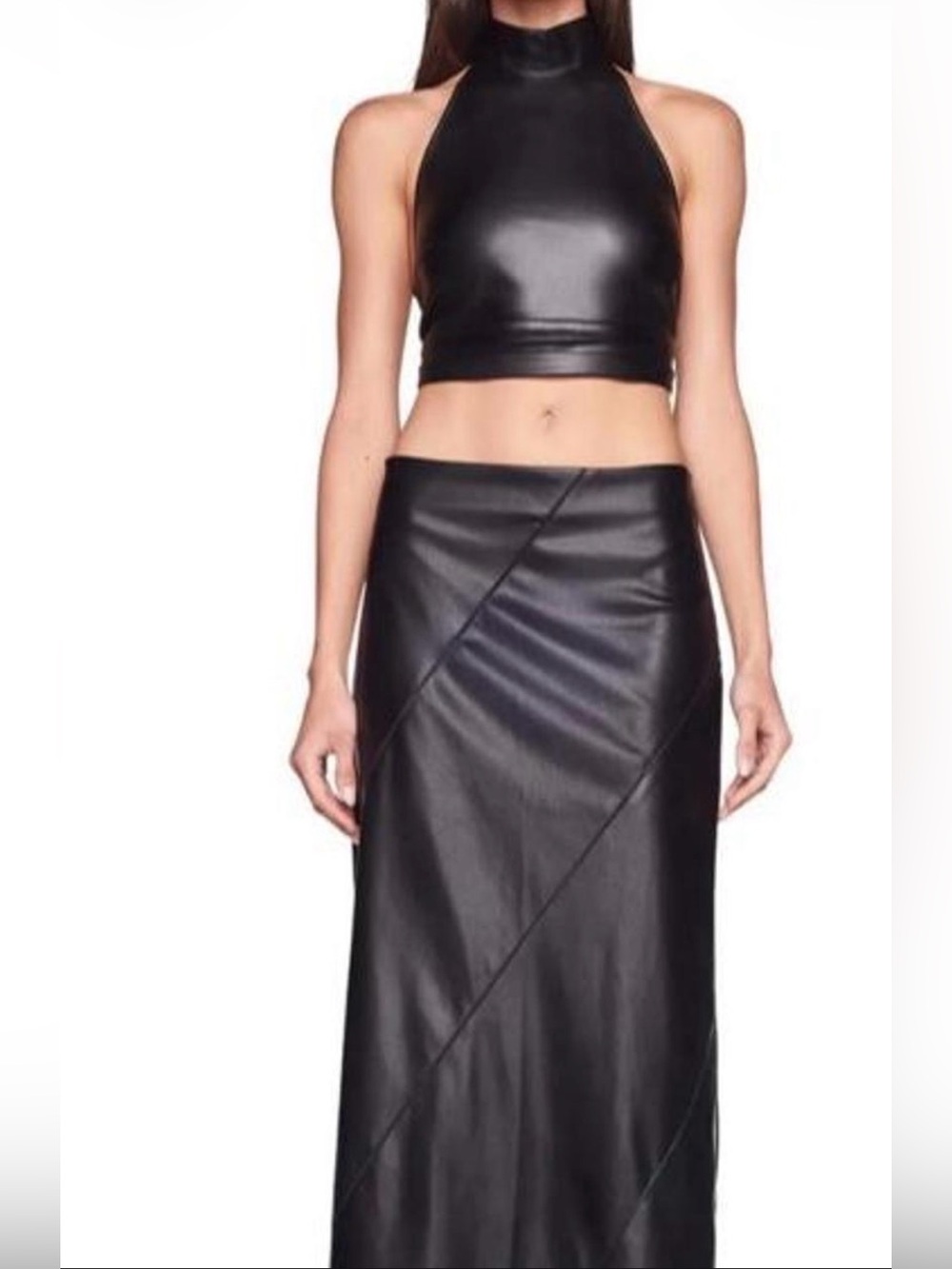 I.AM.GIA Black Faux Leather Maxi Skirt with Diagonal Panels